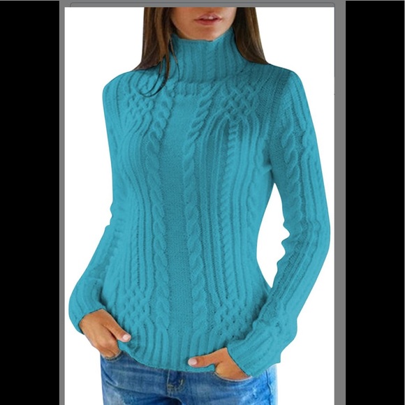 Sweaters - Women’s Cable Knit turtleneck Turquiose sweater